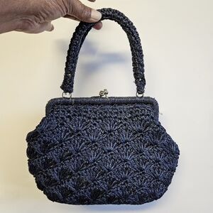 Vintage 40s Goldco Japan Navy Blue Crocheted Shell Satchel Bag